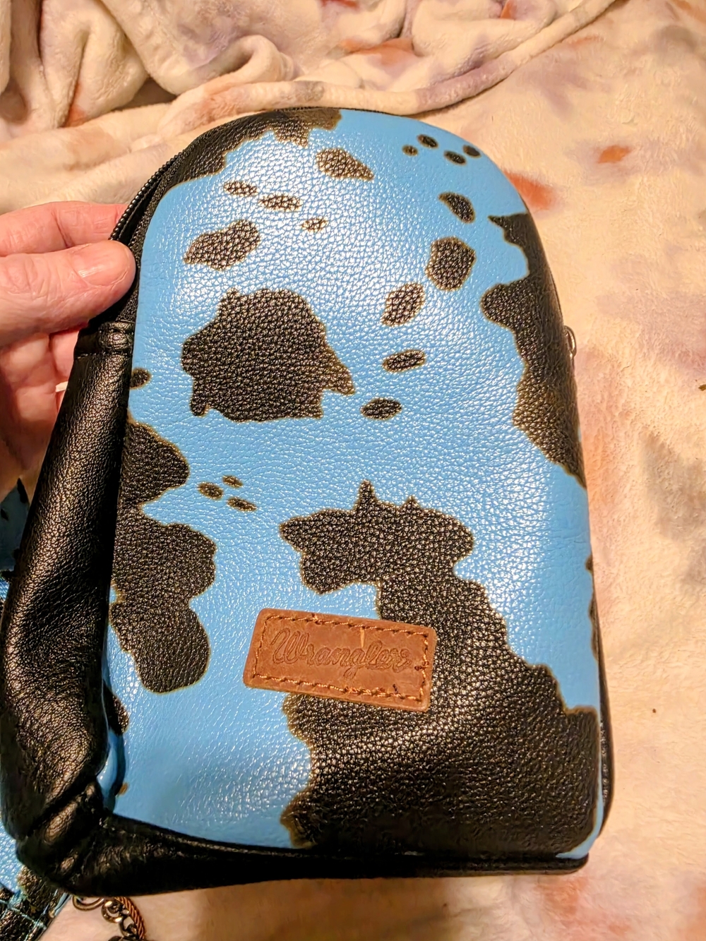 Wrangler Turquoise & Black Cow Print Crossbody with Brown Leather Patch